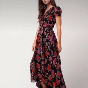 100% cotton Floral Faux Wrap Maxi Dress - Black with Pink & Red Roses